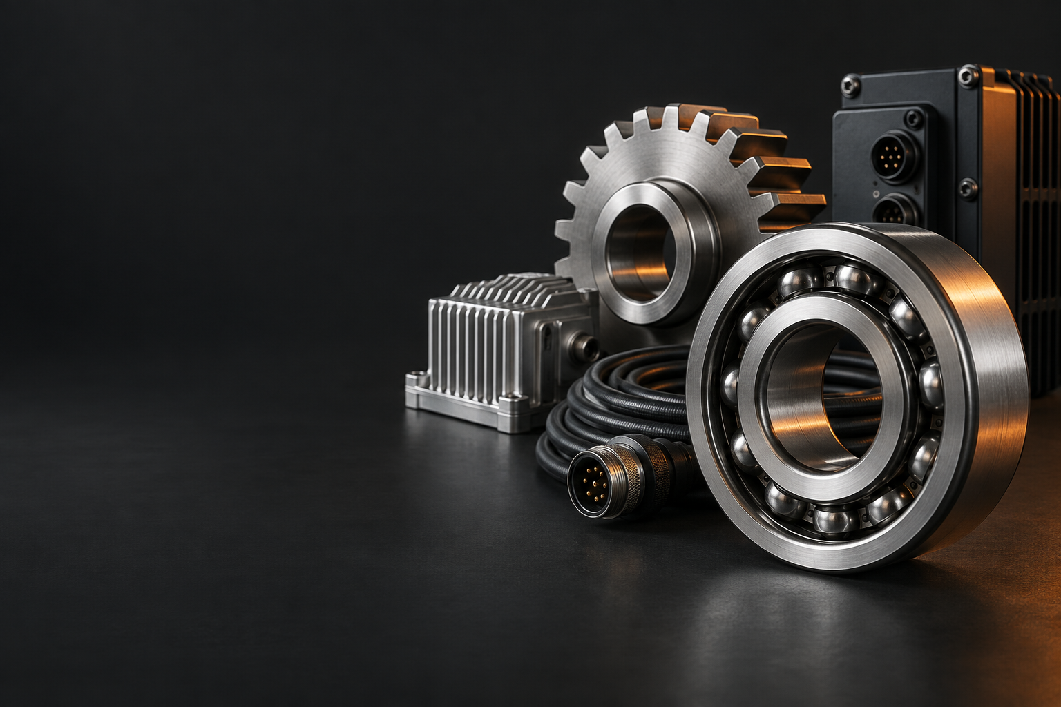 Sculptural arrangement of precision metal parts, industrial components and cable